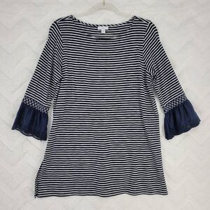 J Jill Tunic Top Women's Shirt Dress Stripe Nautical 3/4 Sleeves Eyelet Ruffle